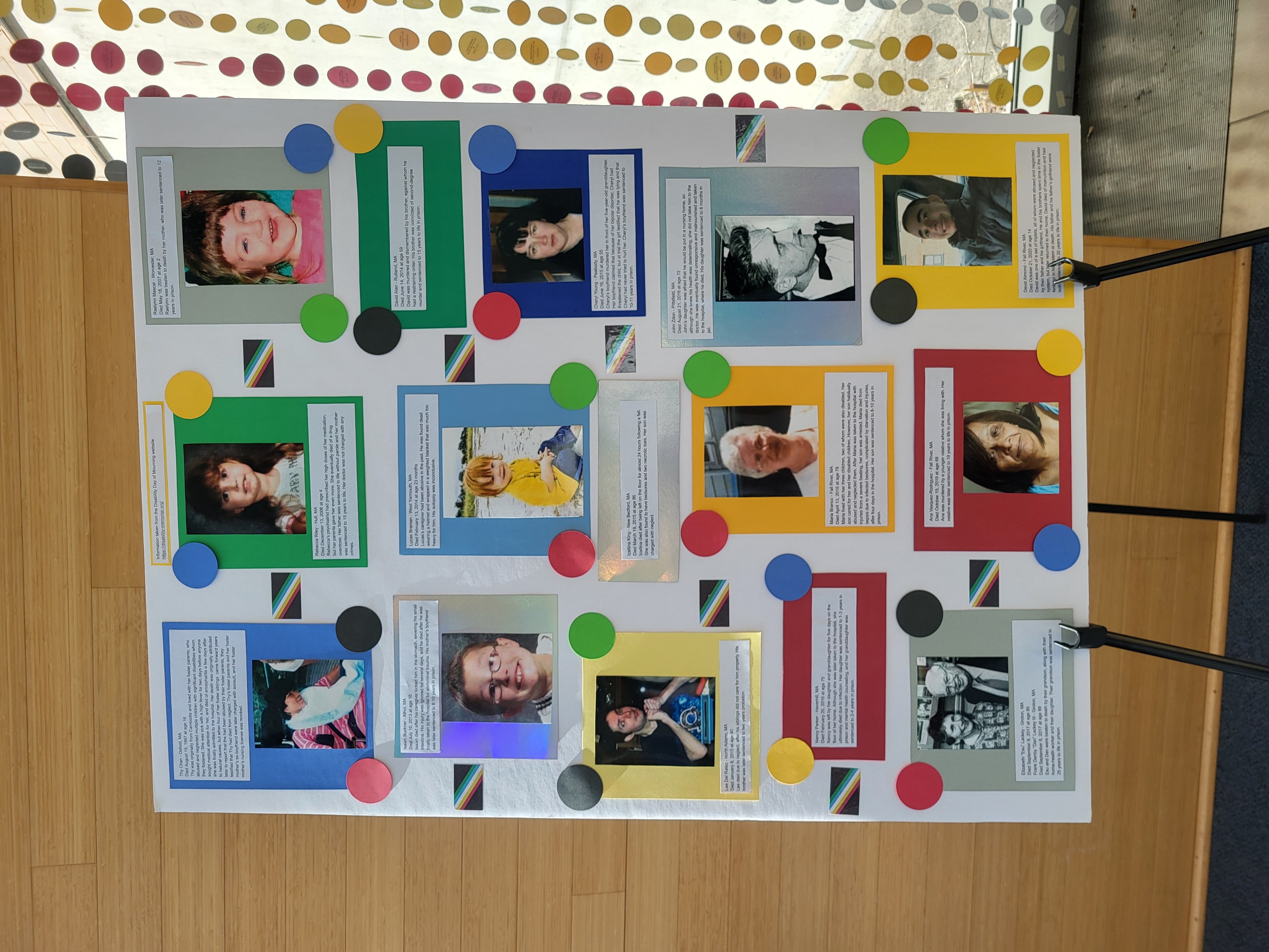 Close up of the biographies of the victims on the Disability Day of Mourning display.